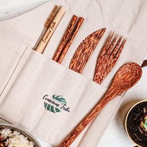 Reusable Seven Piece Wood Cutlery Set For Travel